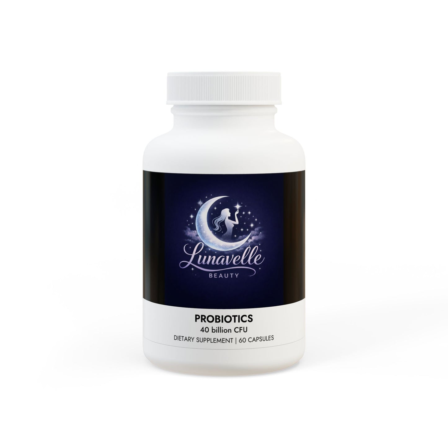 Supplement bottle labeled 'Lunavelle Beauty' on a white background