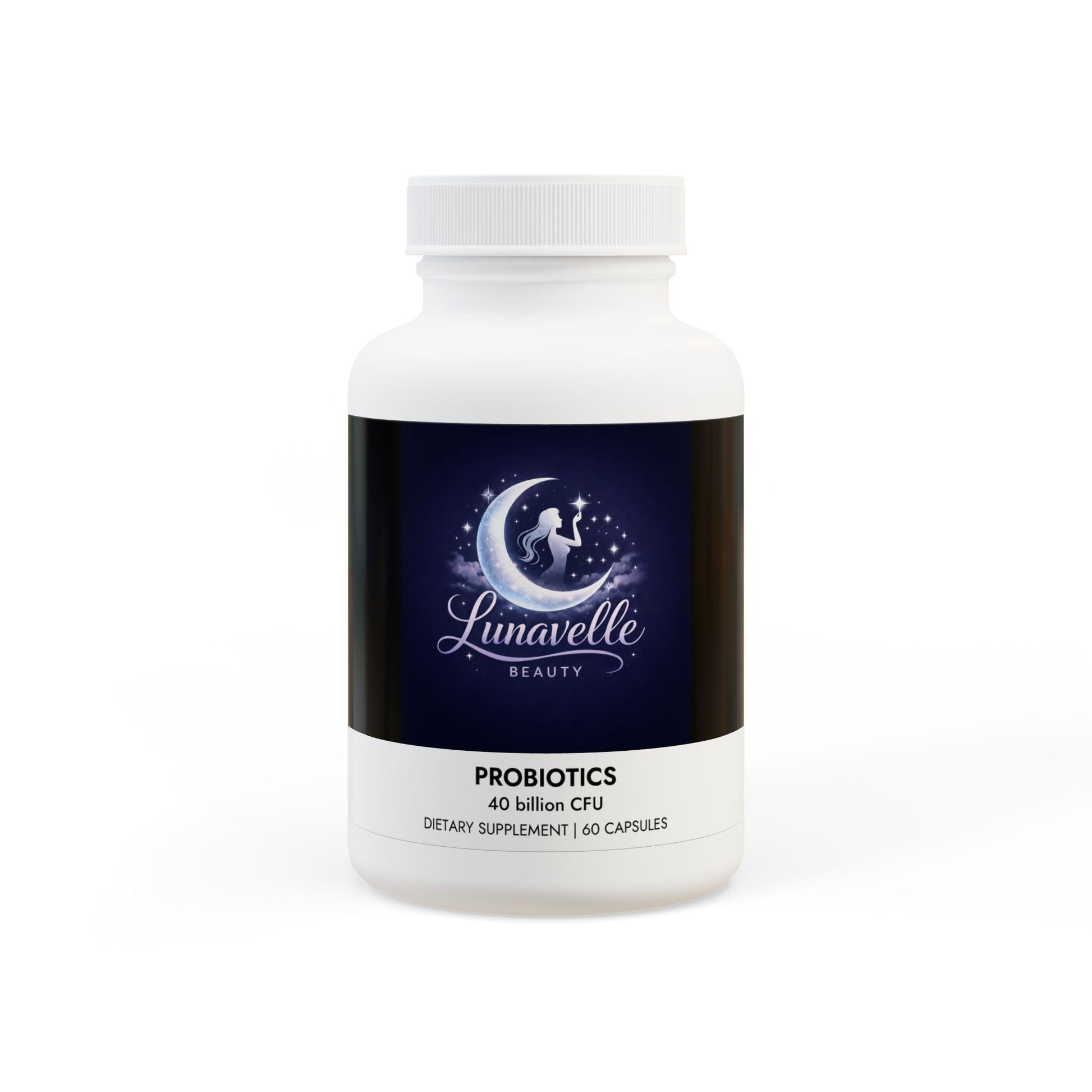 Supplement bottle labeled 'Lunavelle Beauty' on a white background