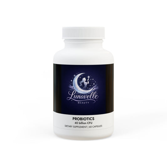 Supplement bottle labeled 'Lunavelle Beauty' on a white background