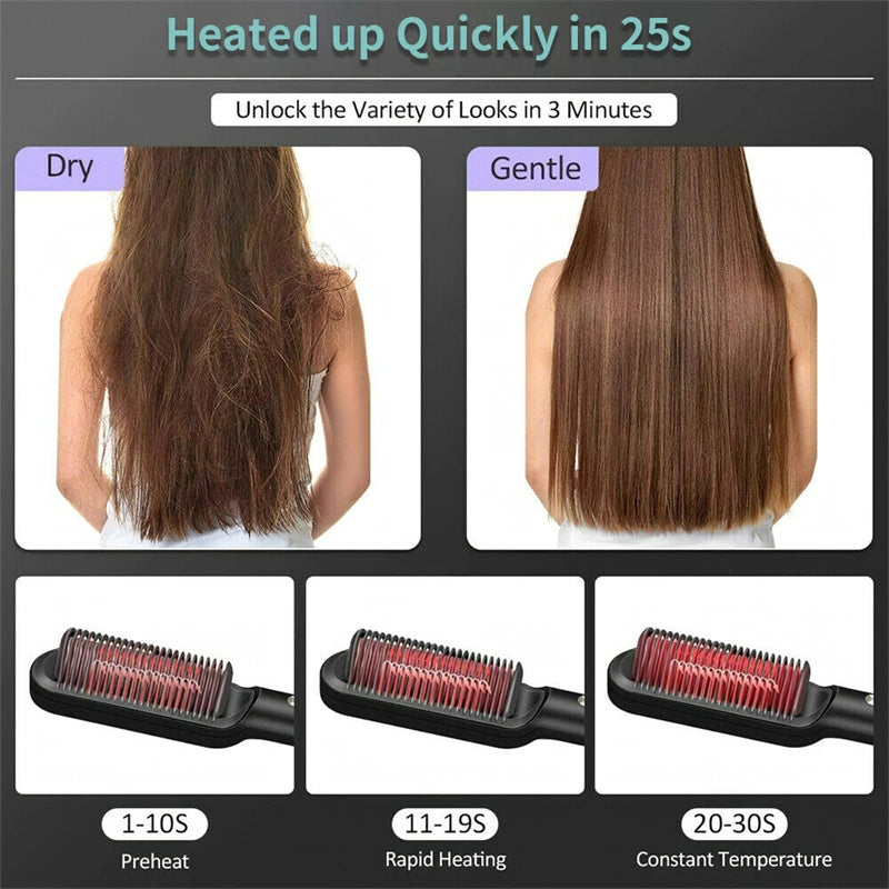 2-in-1 Hair Straightener Hot Comb Negative Ion Curling Electric Brush