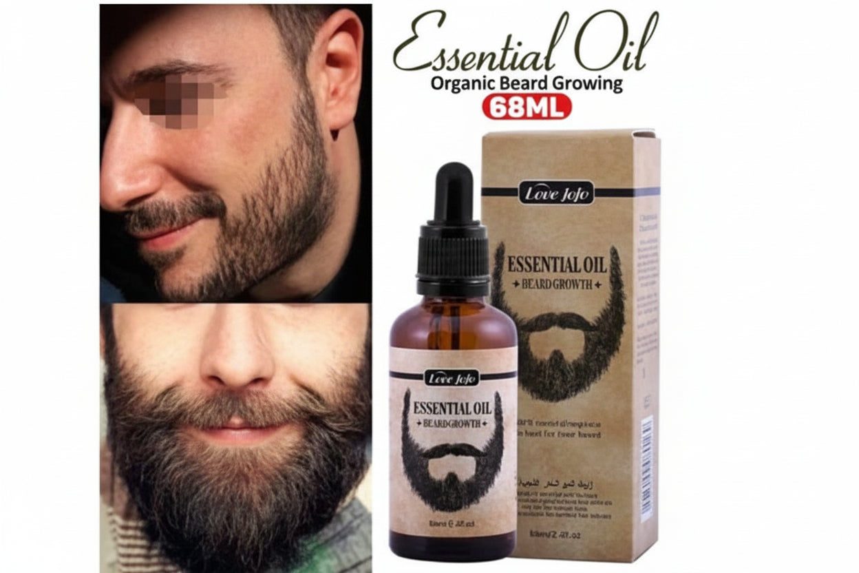 Beard oil product with bottle and packaging on a white background