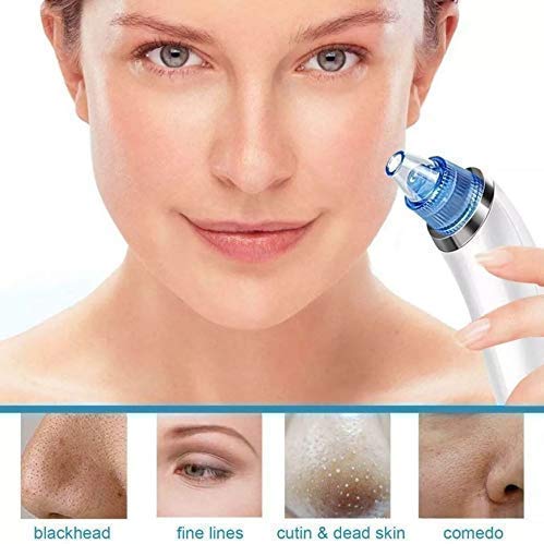Woman using a skincare device on her face with close-ups of skin issues solved.