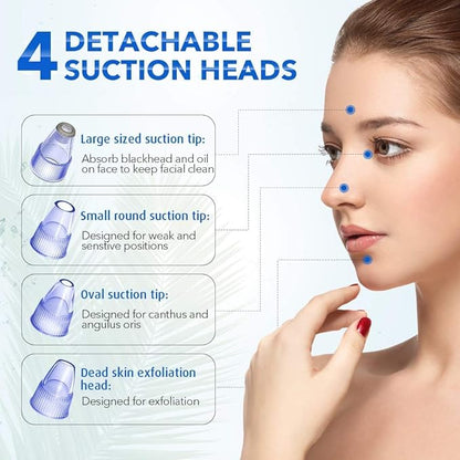 Woman using a blackhead removal tool with detachable suction heads on a white background