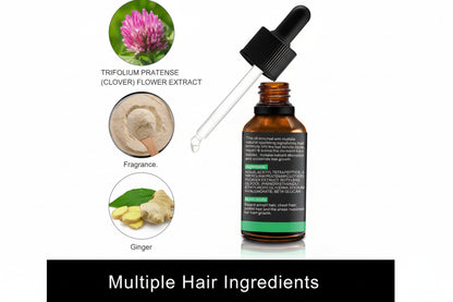Bottle of hair growth serum with ingredients including clover flower extract, ginger, and fragrance.