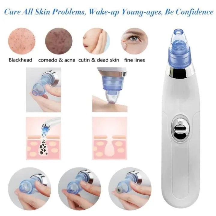 Facial cleansing device with images showing its use on skin issues.