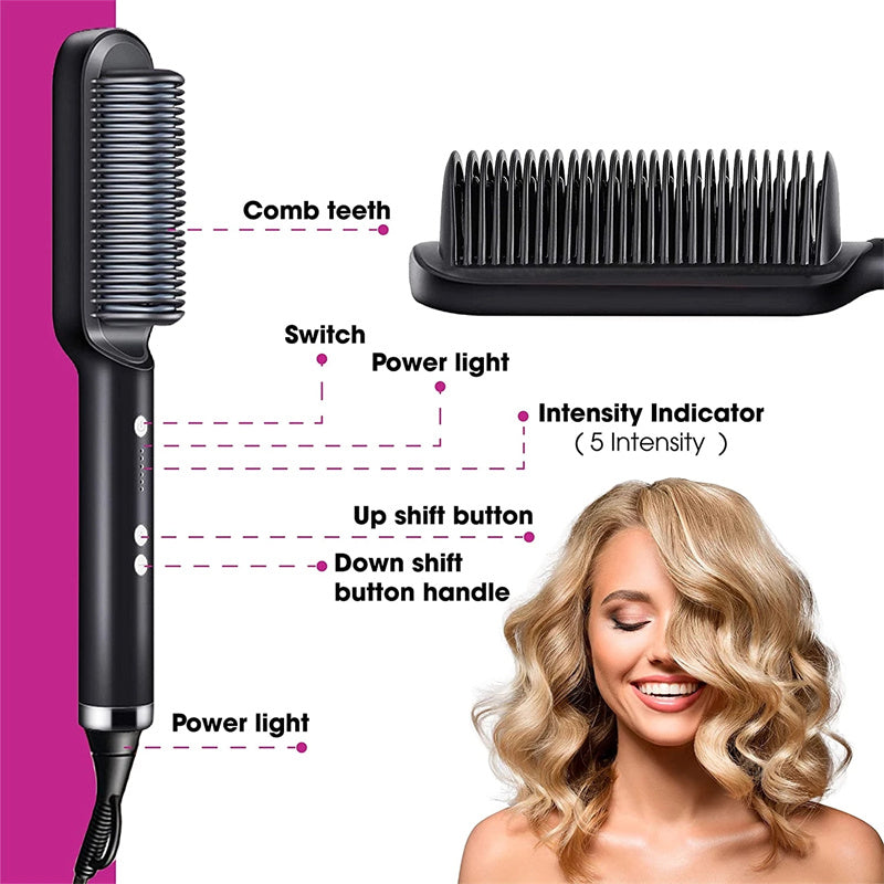 2-in-1 Hair Straightener Hot Comb Negative Ion Curling Electric Brush