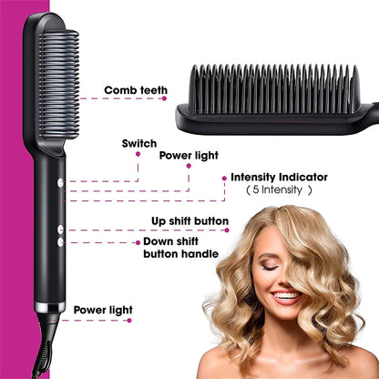 2-in-1 Hair Straightener Hot Comb Negative Ion Curling Electric Brush