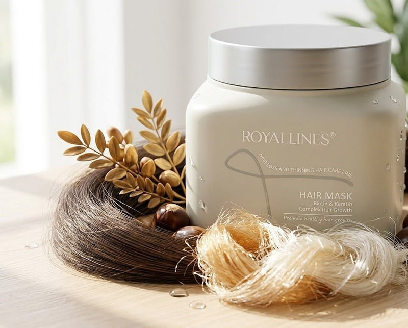 ROYALLINES hair mask jar with hair strands and leaves on a light background