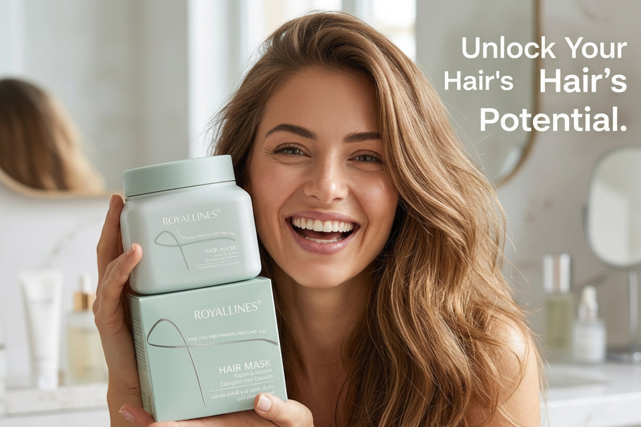 Woman holding hair care products with text about unlocking hair potential.