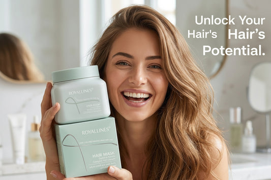 Woman holding hair care products with text about unlocking hair potential.